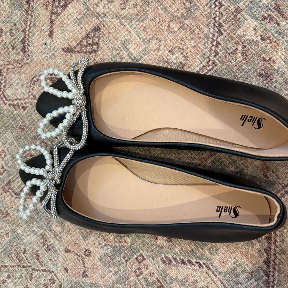 Shein Black Bow Flats with Pearl Embellishments